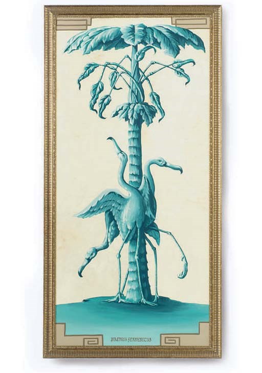 A GROUP OF FOUR BLUE PAINTED TROPICAL MURALS,