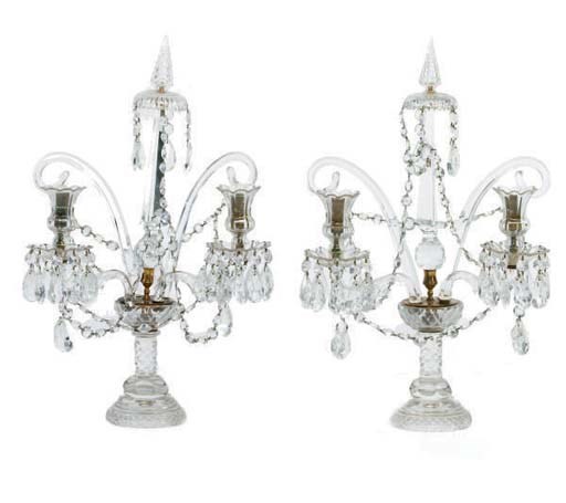 A PAIR OF REGENCY STYLE CUT-GLASS TWO-LIGHT CANDLEABRA,
