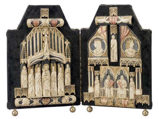 A PAINTED AND PARCEL-GILT BONE DIPTYCH,