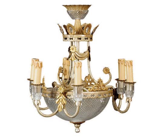 A NEOCLASSICAL STYLE CUT-GLASS, SILVERED AND GILT-METAL SIX LIGHT CHANDELIER,