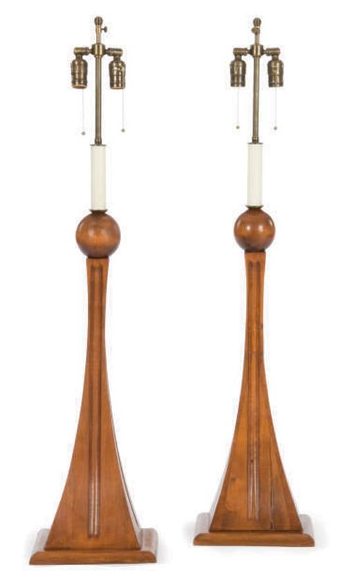 A PAIR OF MAHOGANY CARVED TABLE LAMPS,