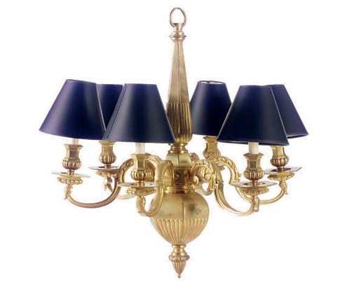 A GILT-METAL SIX LIGHT CHANDELIER,