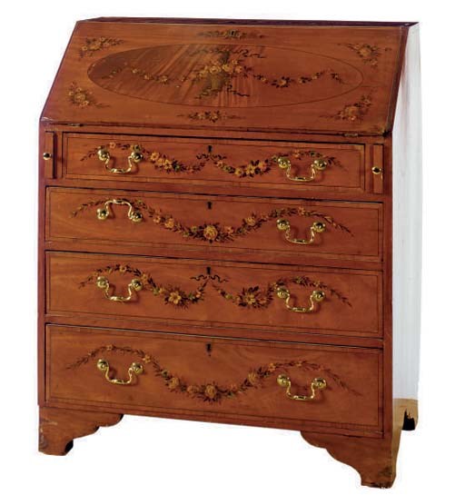 AN EDWARDIAN PAINTED SATINWOOD FALL-FRONT BUREAU,