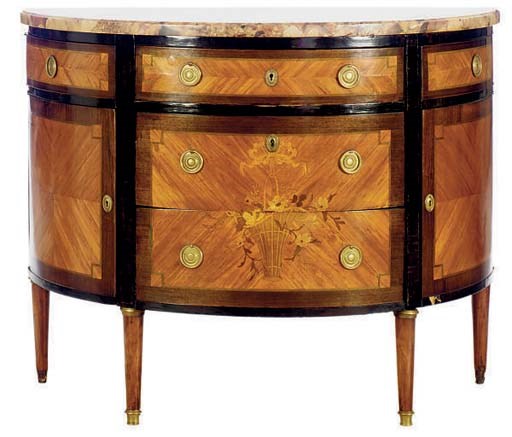 A FRENCH TULIPWOOD, AMARANTH, AND MARQUETRY DEMILUNE MARBLE TOP COMMODE,