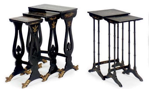A SET OF THREE BLACK AND PARCEL-GILT JAPANNED NESTING TABLES,