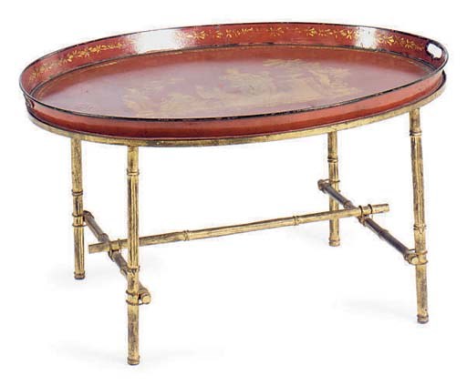A SCARLET AND GILT-DECORATED TOLE TRAY ON STAND,