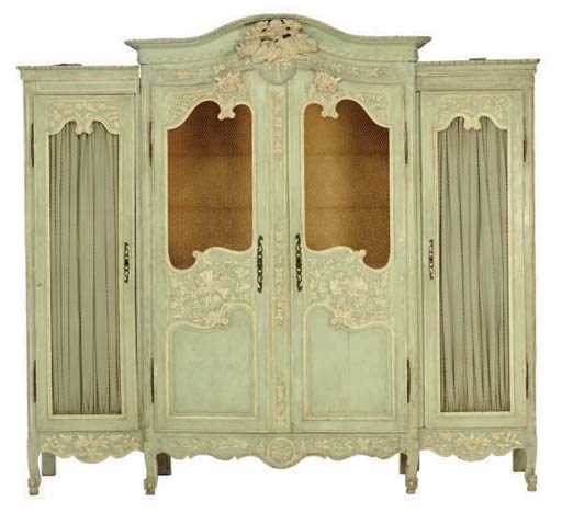 A LOUIS XV PROVINCIAL BLUE AND WHITE PAINTED THREE PART ARMOIRE,