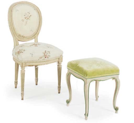 A FRENCH GREEN AND CREAM-PAINTED CHAISE TOGETHER WITH A SIMILAR PAINTED STOOL,