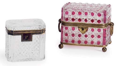 TWO GILT-METAL MOUNTED CUT GLASS LIDDED TABLE BOXES,