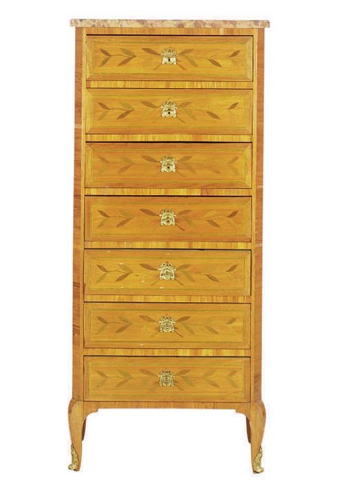 A FRENCH MARQUETRY INLAID TULIPWOOD SEMANIER WITH BRECHE D'ALEP MARBLE TOP,