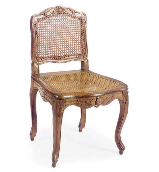 A LOUIS XV BEECHWOOD AND CANED CHAISE TOGETHER WITH A WALNUT AND KINGWOOD MARBLE TOP SIDE TABLE,