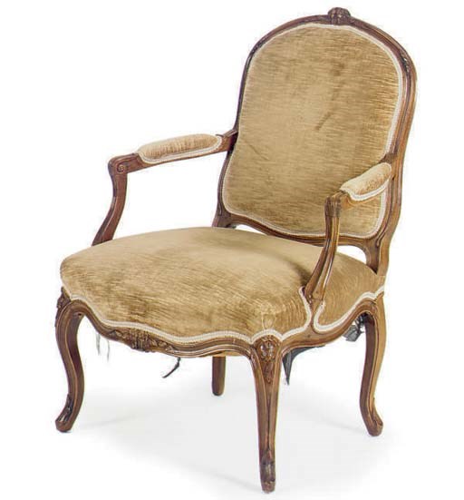 A LOUIS XV WALNUT BROWN VELVET UPHOLSTERED FAUTEUIL,