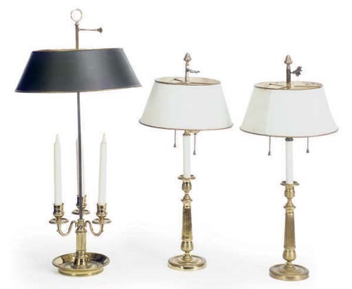 A FRENCH BRASS TWO LIGHT BOUILLOTTE LAMP,