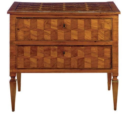 AN ITALIAN WALNUT AND FRUITWOOD PARQUETRY INLAID COMMODE,