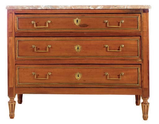 A LOUIS XVI MAHOGANY MARBLE TOP THREE DRAWER COMMODE,
