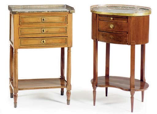 TWO FRENCH BRASS-MOUNTED MAHOGANY MARBLE-TOP SIDE TABLES,