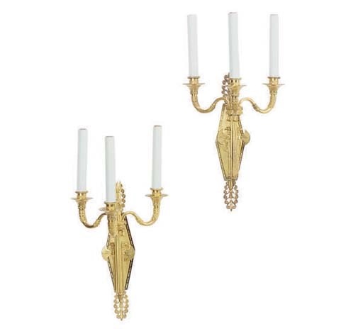 A PAIR OF GILT-BRONZE THREE BRANCH WALL SCONCES,