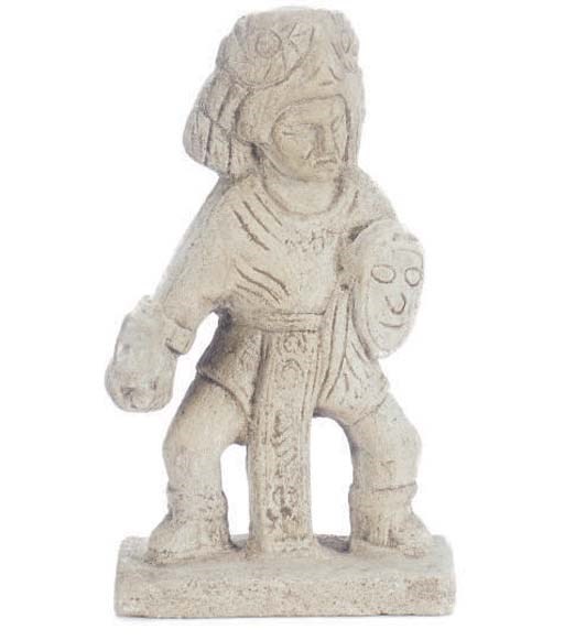 A CARVED STONE FIGURE OF A WARRIOR,
