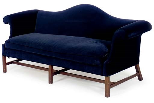A PAIR OF BLUE VELVET UPHOLSTERED CAMEL BACK SOFAS,