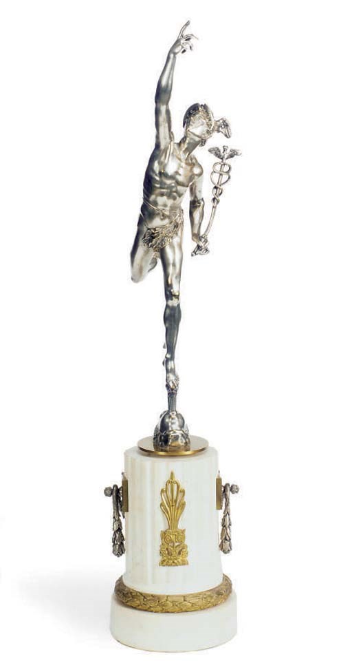 A SILVERED BRONZE FIGURE OF MERCURY ON WHITE MARBLE BASE,