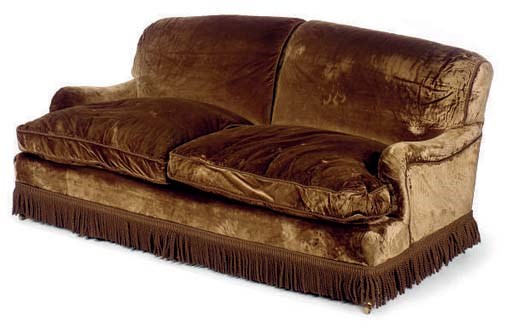 A PAIR OF BROWN VELVET UPHOLSTERED TWO-SEAT SOFAS,