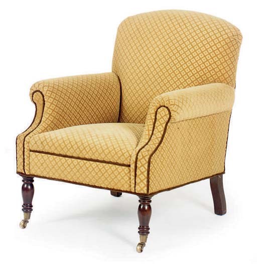 A BEIGE AND BRONZE COLORED VELVET UPHOLSTERED ARMCHAIR,