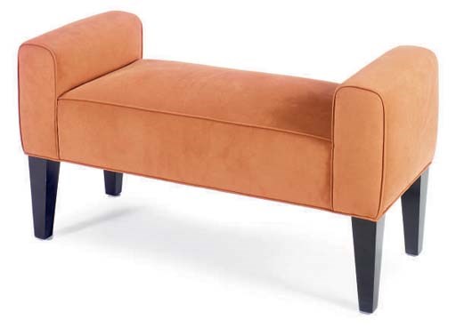 AN ORANGE SUEDE UPHOLSTERED BENCH,