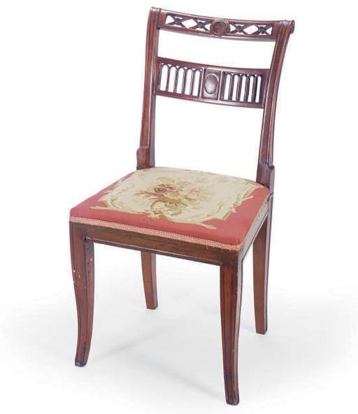 A CONTENTINAL FRUITWOOD SIDE CHAIR WITH AUBUSSON TAPESTRY SEAT,