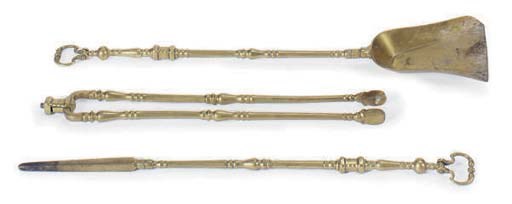 A SET OF BRASS FIRE TOOLS,