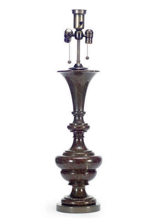 A GREEN MARBLE VASE-SHAPED TABLE LAMP,