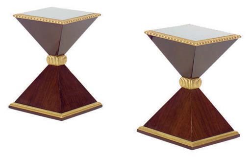 A SET OF FOUR MAHOGANY AND GILT-DECORATED DOUBLE-FACED PYRAMID END TABLES,