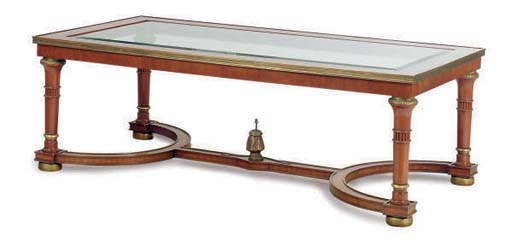A GILT METAL MOUNTED MAHOGANY AND GLASS INSET LOW TABLE,