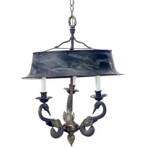 A BRASS AND TOLE PEINTE THREE BRANCH CHANDELIER,