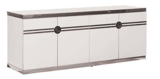 A WHITE LAMINATED AND CHROME SIDEBOARD,