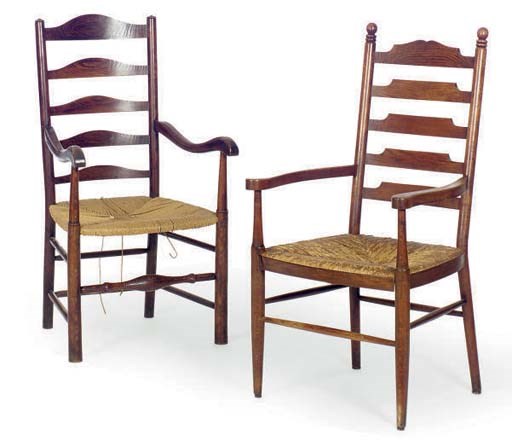 TWO SIMILAR FRENCH PROVINCIAL LADDERBACK ARMCHAIRS,