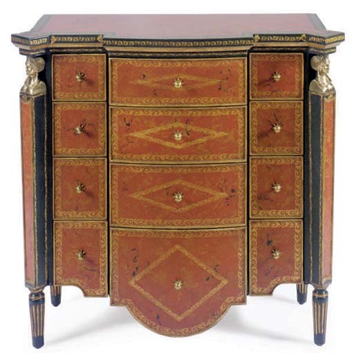 A PAIR OF TOOLED RED AND BLACK LEATHER COMMODES,