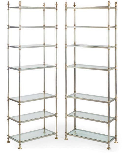 A PAIR OF CHROME AND GLASS SHELVE ETAGERES,