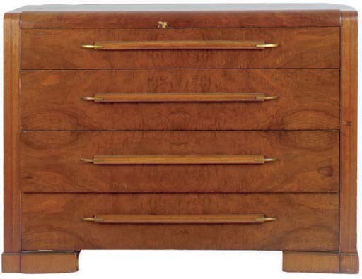 A WALNUT AND MAHOGANY CHEST OF DRAWERS,