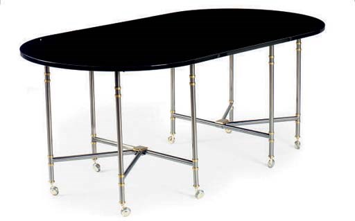 A ROYALE BRASS AND BLACK-PAINTED DINING TABLE,