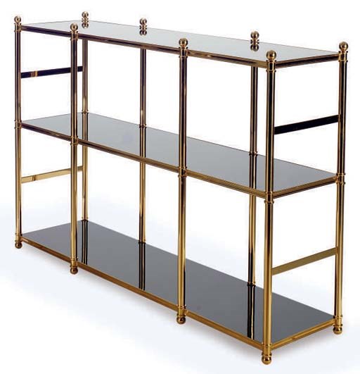 A BRASS AND BLACK-PAINTED ETAGERE,