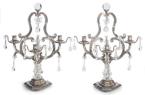 A PAIR OF SILVERED AND DROP GLASS THREE-LIGHT CANDELABRA,