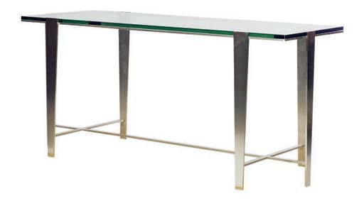 A GLASS AND STEEL CONSOLE TABLE