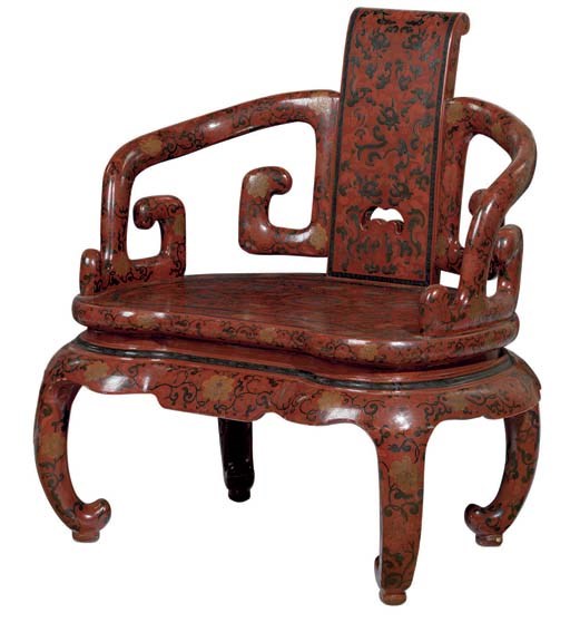 A CHINESE RED AND BLACK LACQUER THRONE CHAIR
