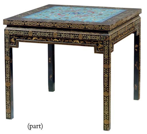 A CHINESE CLOISSONNE ENAMEL AND GILT-DECORATED BLACK-LACQUER SQUARE TABLE AND STOOLS