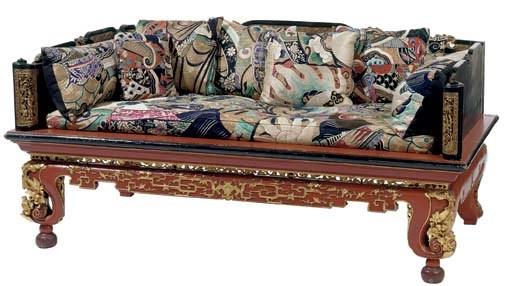 A CHINESE GILT-DECORATED BLACK AND RED LACQUER LOWBACK BED
