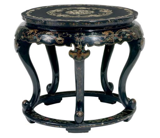 A PAIR OF CHINESE MOTHER-OF-PEARL-INLAID, PAINTED AND GILT BLACK- LACQUERED ROUND TABLES