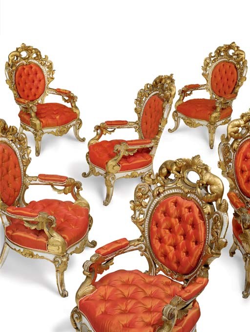 A set of six Continental parcel-gilt and white-painted fauteuils