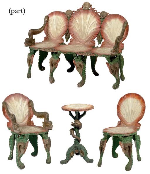 A Venetian polychrome-decorated eight-piece suite of 'grotto' furniture