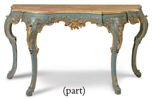 A PAIR OF VENETIAN POLYCHROME-PAINTED AND PARCEL-GILT CONSOLES