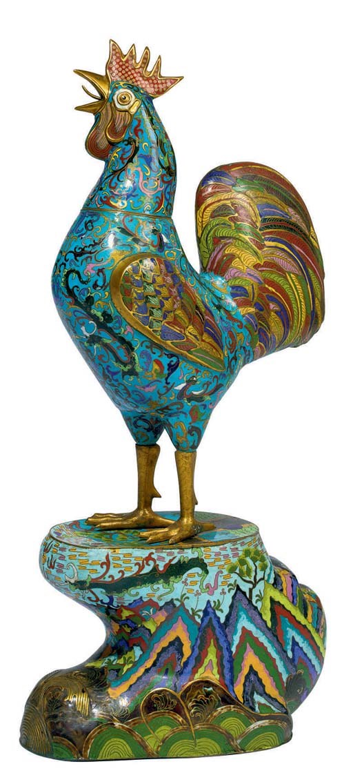 A LARGE CHINESE CLOISONNNE ENAMEL FIGURE OF A ROOSTER